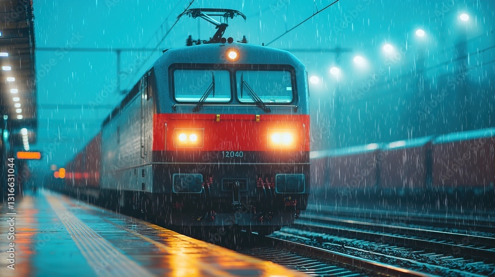 Fototapeta premium Red Electric Train Arriving at Rainy Station in Moody Night Atmosphere with Glowing Lights