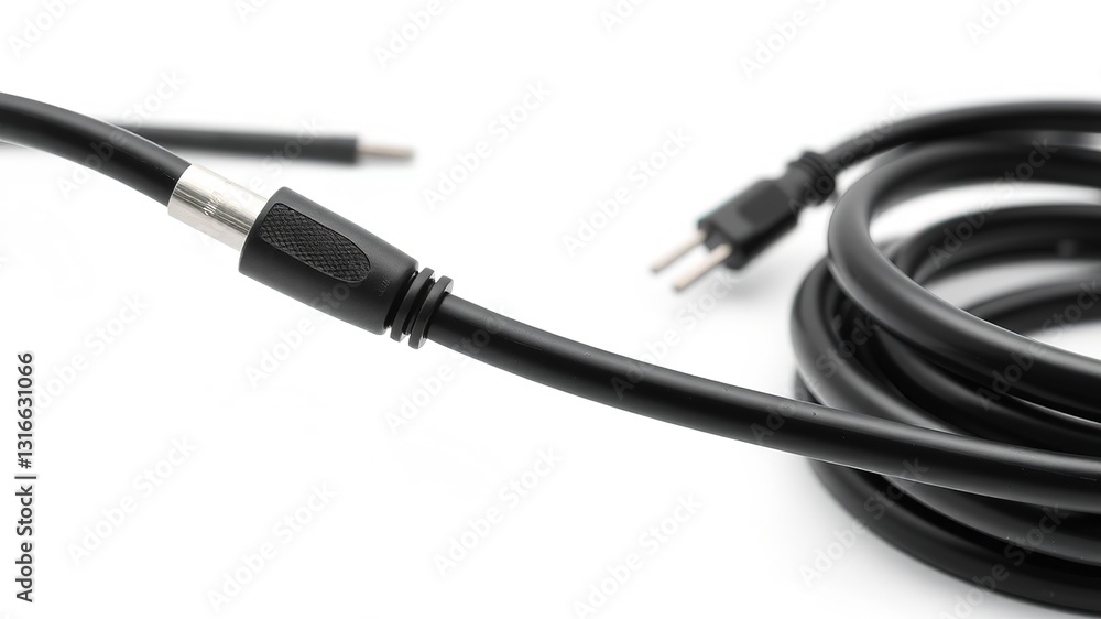 Black Power Cable on White Background, Closeup Black Power Cable on White Background, Closeup
