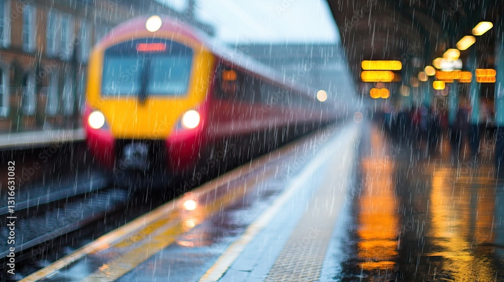 Fototapeta premium Rainy Train Station Scene with Blurred Train and Reflections on Wet Platform Surface