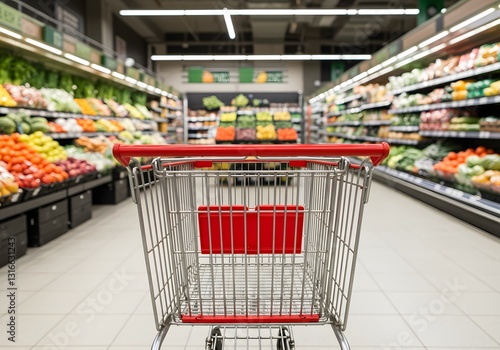 Wallpaper Mural Shopping cart in supermarket aisle with fresh produce on shelves Torontodigital.ca