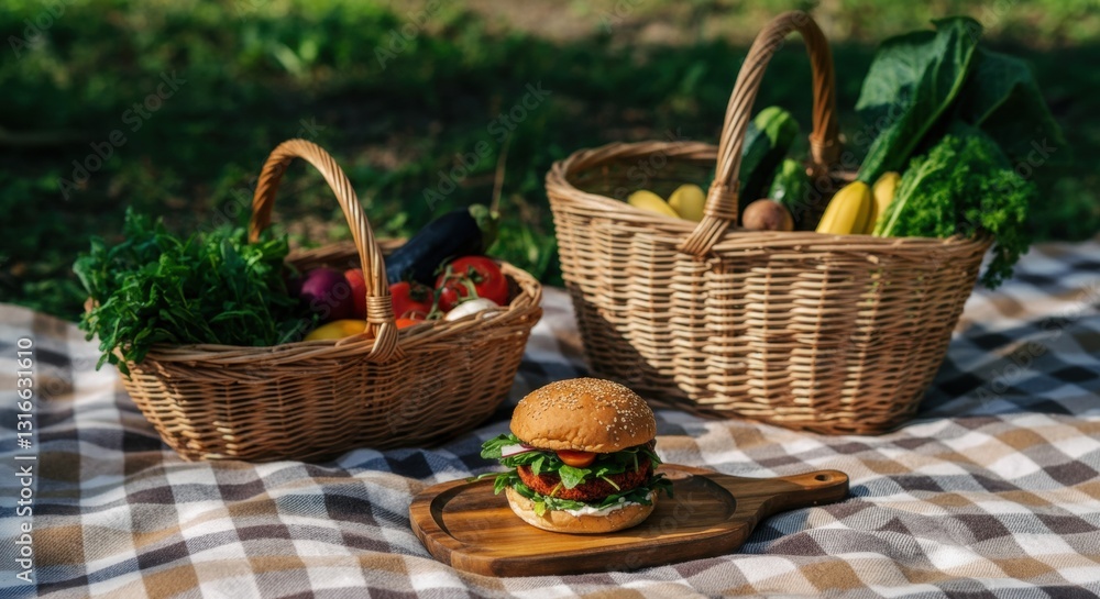 Picnic scene with fresh vegetables and delicious burger on checkered blanket Picnic scene with fresh vegetables and delicious burger on checkered blanket