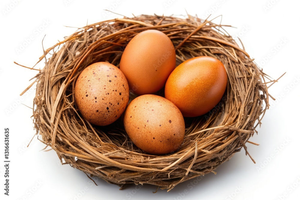 Overhead shot of rustic bird's nest brimming with springtime chicken eggs. Overhead shot of rustic bird's nest brimming with springtime chicken eggs.