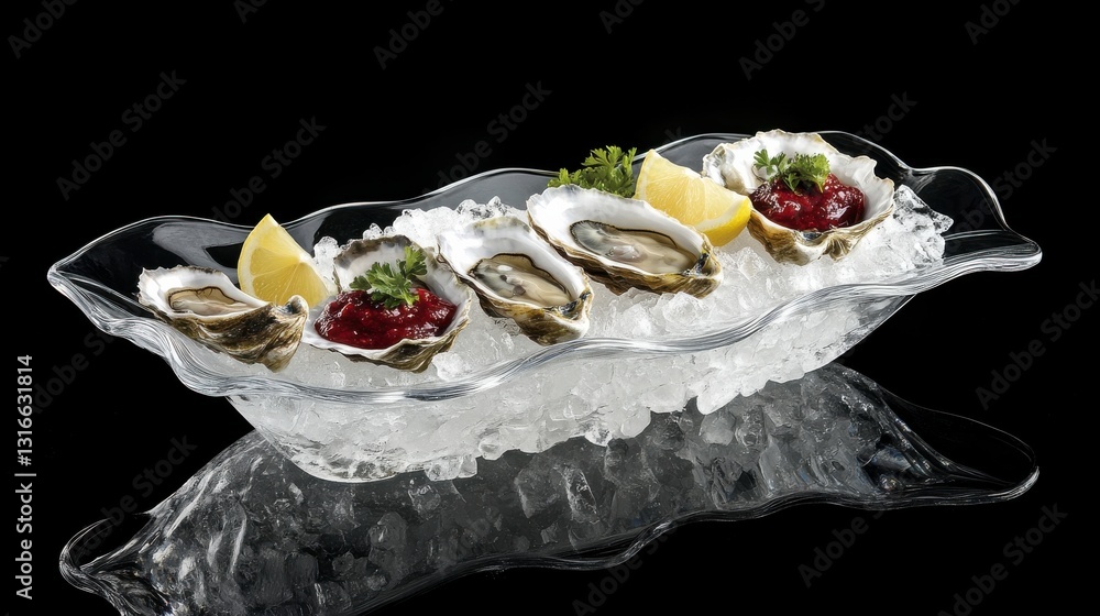 Oysters Served on Ice with Lemon and Cocktail Sauce Oysters Served on Ice with Lemon and Cocktail Sauce