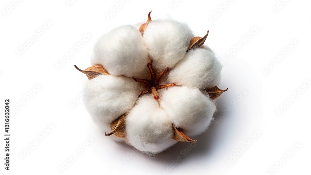 Overhead View of Single Cotton Boll on White Background - Simple Textile Texture Overhead View of Single Cotton Boll on White Background - Simple Textile Texture