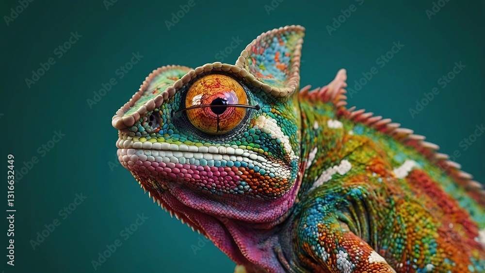 Obraz premium A Vibrant Chameleon, A Jewel Of The Rainforest, Showcases Its Dazzling Array Of Colors Against A Deep Teal Backdrop