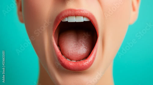 Open mouth shows healthy teeth, tongue, feel shocking and amazed