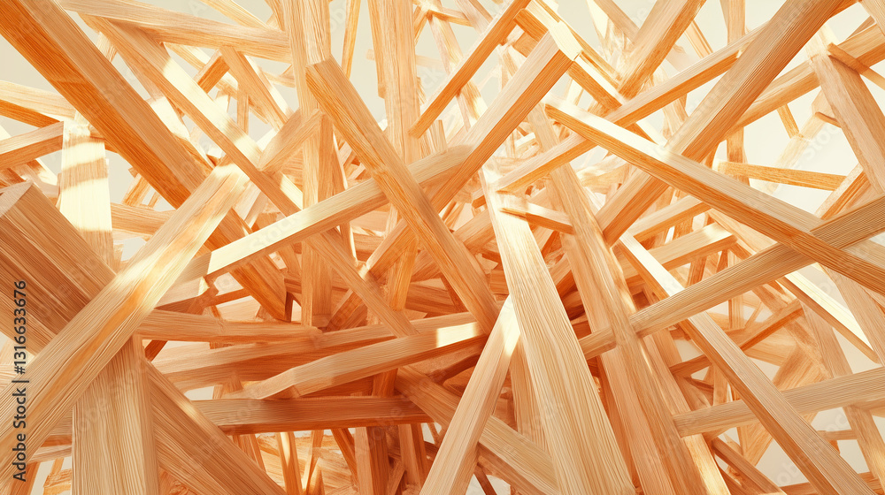 The construction site features wood home framing, showcasing an abstract view of the building's framework. The construction site features wood home framing, showcasing an abstract view of the building's framework.