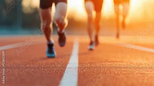 running track runners championship, Runners competing on a track with a warm sunset in the background.