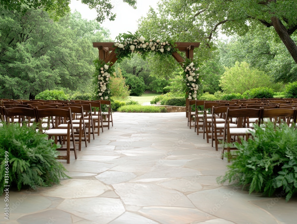 Serene outdoor wedding venue with floral arch, chairs, and lush greenery Serene outdoor wedding venue with floral arch, chairs, and lush greenery