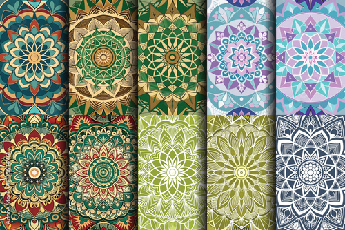 Colorful set of intricate mandala patterns featuring floral designs and vibrant hues.