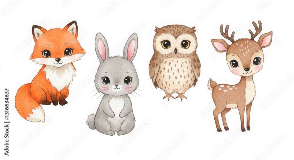 Cute illustrations of a fox, rabbit, owl, and deer, designed for children's materials. Cute illustrations of a fox, rabbit, owl, and deer, designed for children's materials.