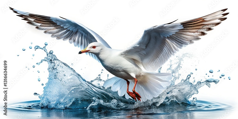 Obraz premium Seagull Taking Flight, Splashing Ocean Water - Nature Stock Photo