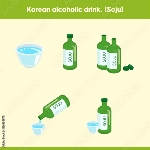 Korean liquor illustration. Cool and bitter soju. Vector illustration.