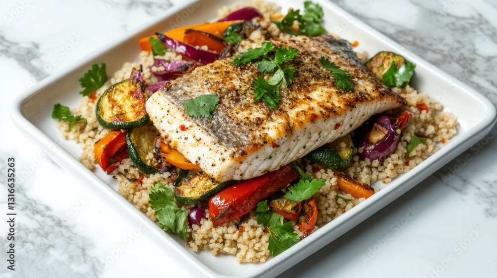 Roasted Mahi with Vegetables and Couscous on Plate Roasted Mahi with Vegetables and Couscous on Plate