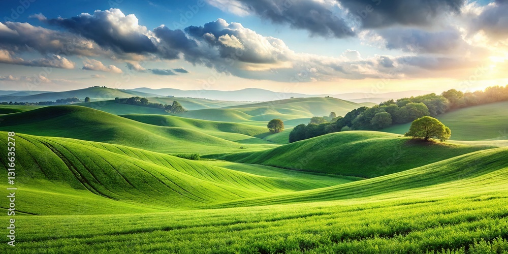 Obraz premium Serene Green Field Rolling Hills Landscape - Peaceful Nature Scenery Stock Photo