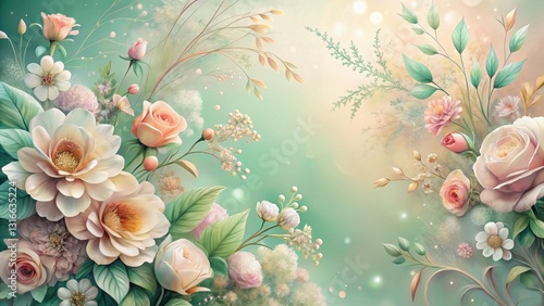 Dreamlike Pastel Floral Arrangement Featuring Delicate Roses and Soft Blossoms on a Tranquil Background