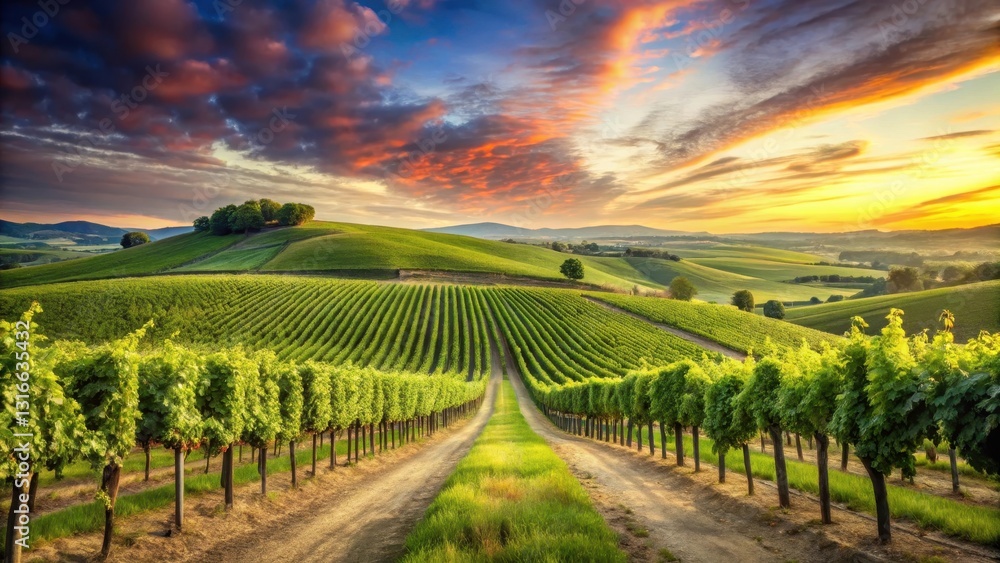 A serene landscape of a vineyard in a rural area with rolling hills and lush greenery, showcasing grapevines stretching towards the sky , vineyard, rolling hills A serene landscape of a vineyard in a rural area with rolling hills and lush greenery, showcasing grapevines stretching towards the sky , vineyard, rolling hills
