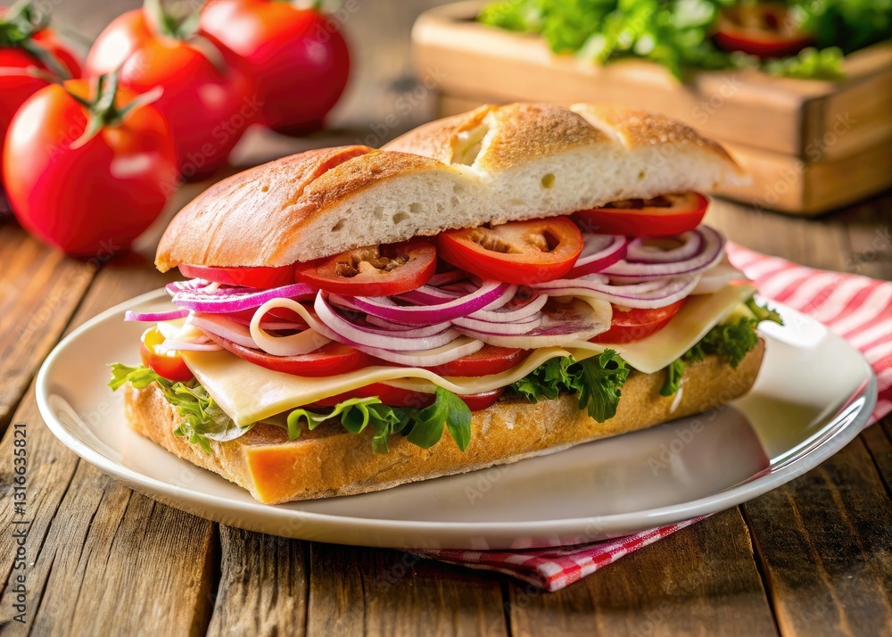 Savory Italian sub: Ham, cheese, onion on a crusty roll. Recipe inspiration. Savory Italian sub: Ham, cheese, onion on a crusty roll. Recipe inspiration.
