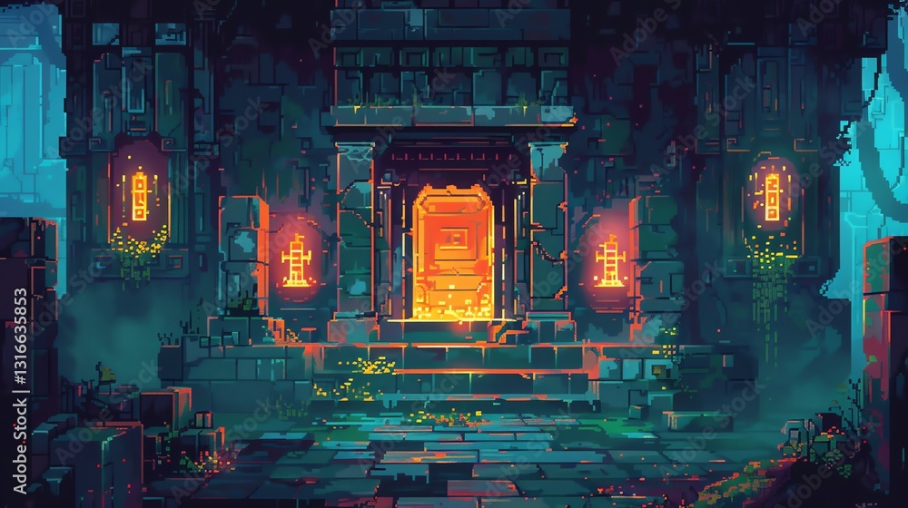 Obraz premium Pixel art of a temple entrance in a jungle.