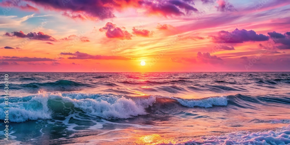 Fototapeta premium Serene Sunrise: Pink Sky, Ocean Waves, Coastal Beauty