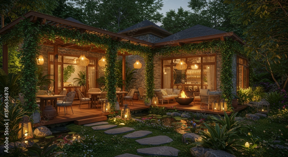 Obraz premium A cozy, nature-integrated home with warm lighting and lush greenery.