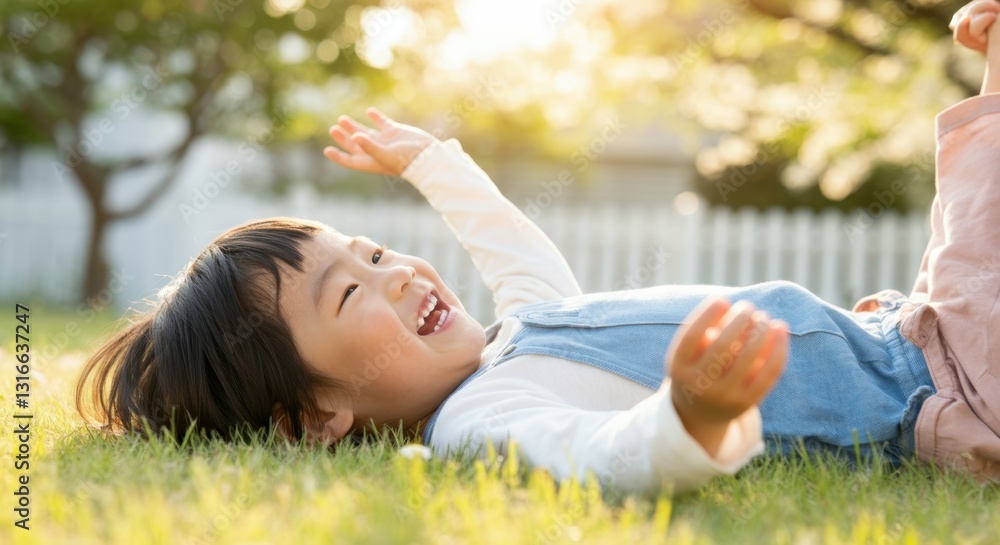 Joyful asian child playing in sunlit garden Joyful asian child playing in sunlit garden