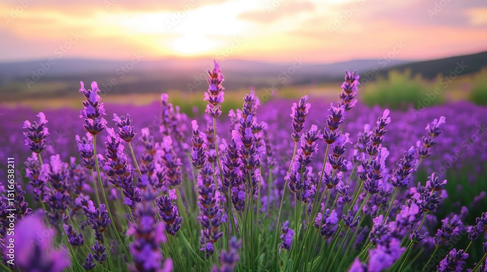 Fototapeta premium Beautiful Lavender Field Under a Colorful Sunrise Horizon