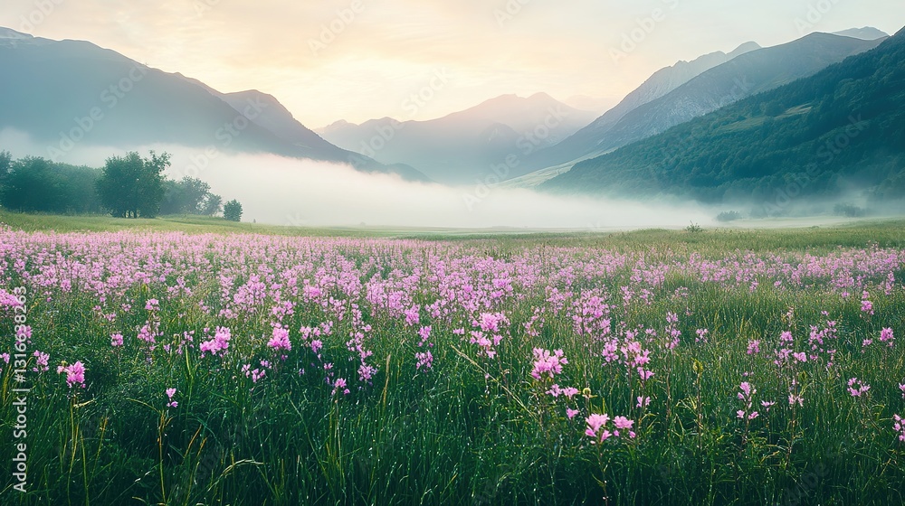 Dreamy Valley Landscape Featuring Glowing Pink Flowers Spreading Across the Field, Surrounded by Misty Mountains and Illuminated with Soft Atmospheric Light, Isolated on Transparent Background. Dreamy Valley Landscape Featuring Glowing Pink Flowers Spreading Across the Field, Surrounded by Misty Mountains and Illuminated with Soft Atmospheric Light, Isolated on Transparent Background.