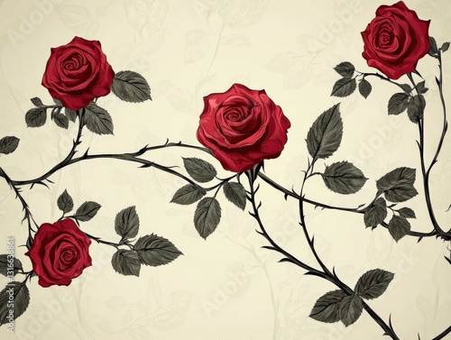 A romantic rose floral pattern with intertwined stems and leaves, classic and timeless