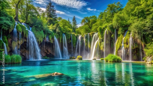 Serene turquoise cascade against a vibrant blue sky backdrop with lush greenery surrounding Plitvice National Park's majestic waterfalls , water, waterfall
