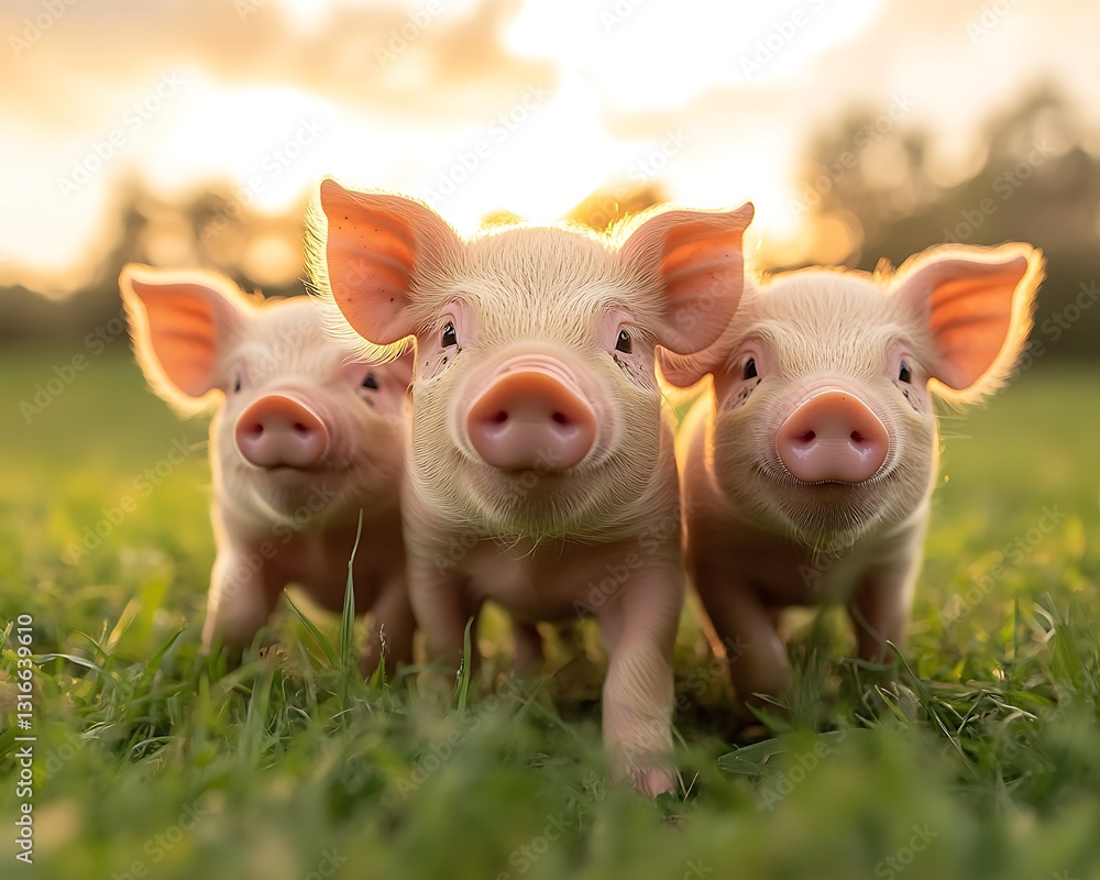 Three adorable piglets in a grassy field at sunset. Three adorable piglets in a grassy field at sunset.