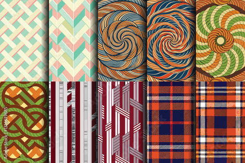 Colorful patterned textile designs featuring modern geometric and abstract motifs.