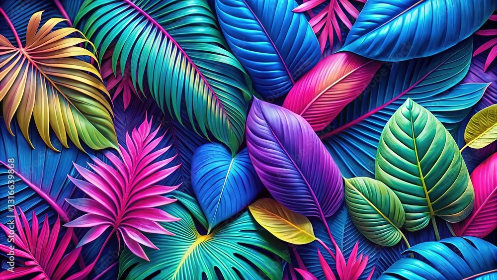 Vibrant Neon Tropical Leaves: Electric Blue, Hot Pink, Neon Green Pattern