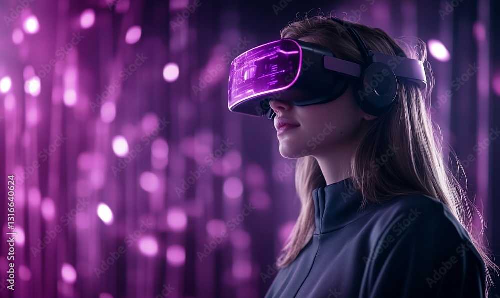 Immersive VR experience. Woman wearing VR headset, enjoying a futuristic virtual reality journey Immersive VR experience. Woman wearing VR headset, enjoying a futuristic virtual reality journey
