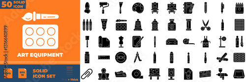 Art Equipment icon set. Containing paint tubes, brushes, pencils, watercolor,and more. Solid vector icons collection.