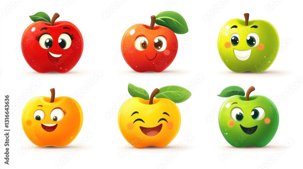 Cartoon apples with faces, cheerful fruit Cartoon apples with faces, cheerful fruit