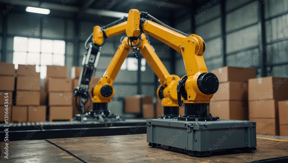 Smart automated robotic arms holding box in a warehouse Smart automated robotic arms holding box in a warehouse