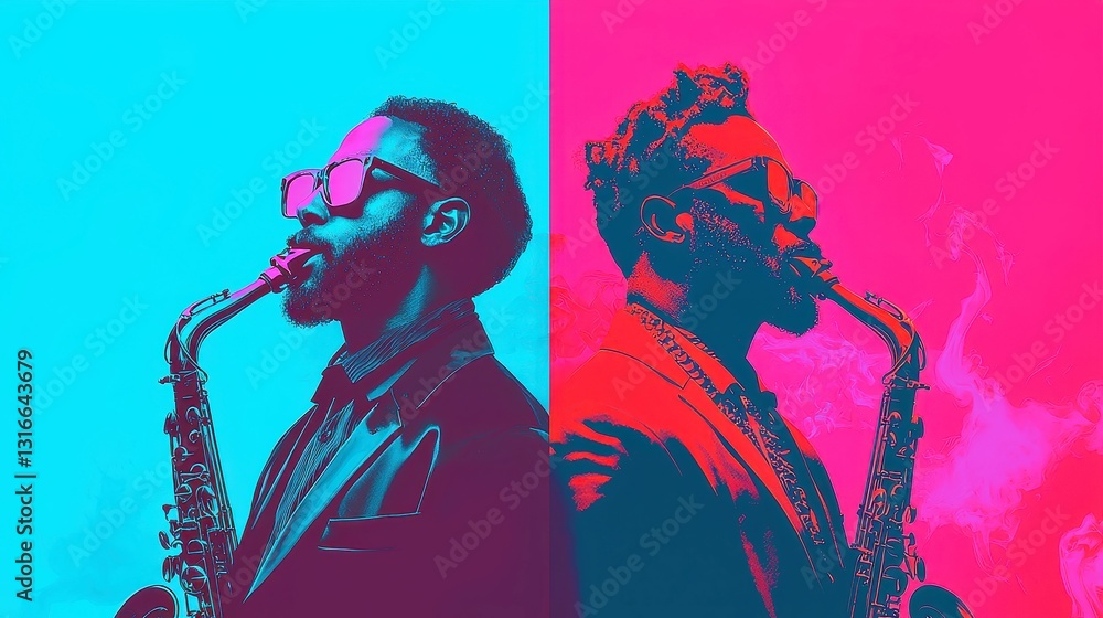 Fototapeta premium Cool Jazz Duo, stylish suits, soft ambient mid-century palette, bold black outlines, simple solid colors, pop art design, clean geometric style, cool neon-lit color palette