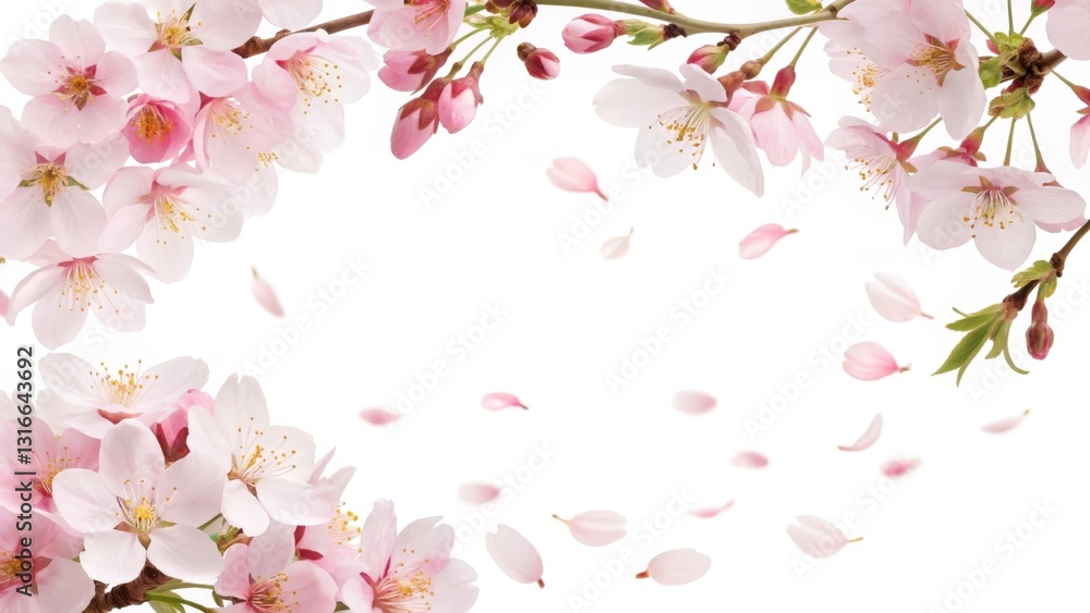 Fototapeta premium The frame is adorned with a cascade of cherry blossoms, with delicate pink and white petals falling gently around the edges.