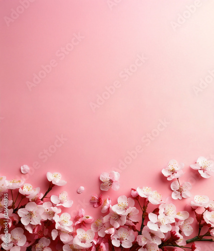 Cherry blossoms bloom against a soft pink background, reflecting the serene beauty of spring. With copy space, it’s perfect for cards, Mother’s Day, and weddings.