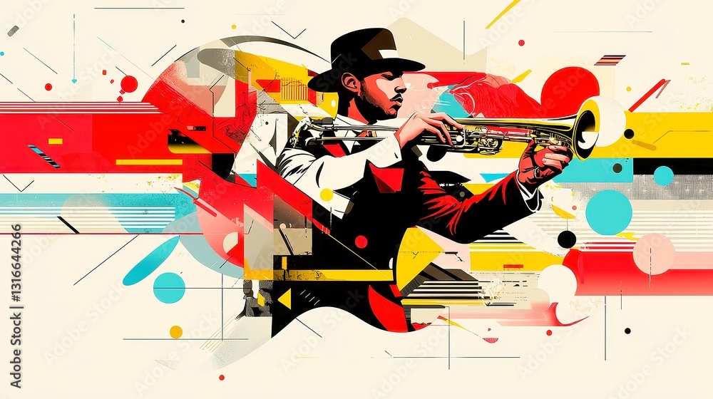 Obraz premium Jazz Lounge Dance, a vibrant scene of a couple in sleek 1950s attire, exuding a groovy musical vibe with bold outlines and a cool neon color palette in a pop art style.