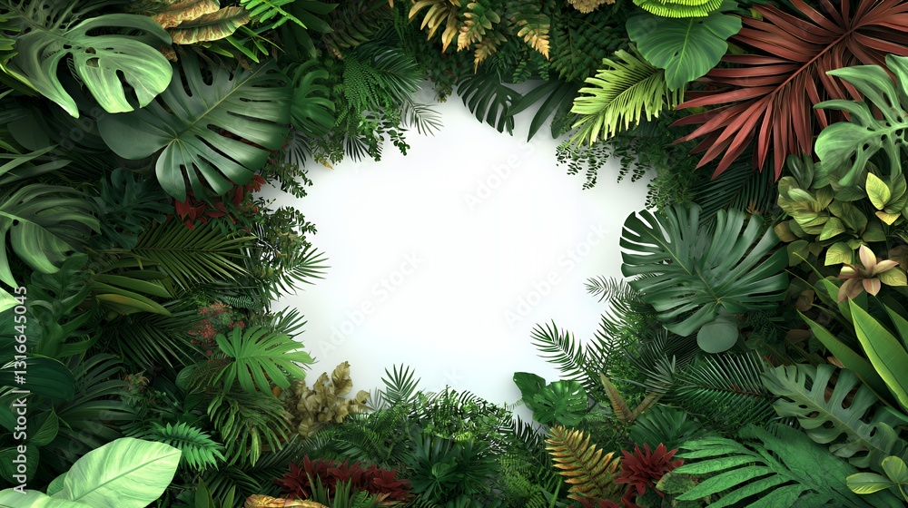 Lush Green Tropical Leaves Frame White Background Lush Green Tropical Leaves Frame White Background