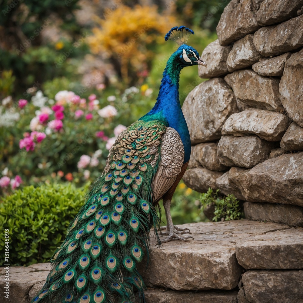 Obraz premium A vibrant peacock perched on a stone wall overlooking a beautiful garden.