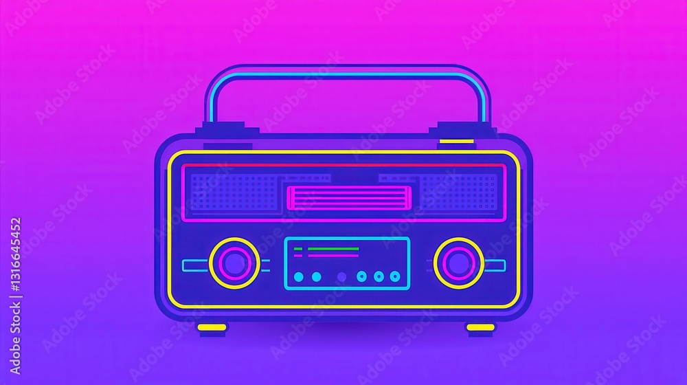 Nostalgic Jazz Radio Artwork, a vibrant design featuring glowing dials, bold outlines, solid colors, and a cool neon palette, capturing retro American warmth in a pop art style. Nostalgic Jazz Radio Artwork, a vibrant design featuring glowing dials, bold outlines, solid colors, and a cool neon palette, capturing retro American warmth in a pop art style.