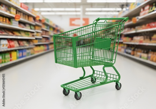 Wallpaper Mural Green Shopping Cart in Supermarket Aisle Ready for Grocery Shopping Torontodigital.ca