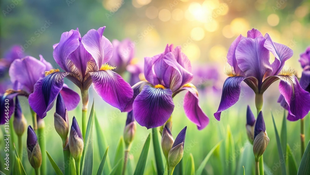 Large purple irises unfolding against a soft blurred background with gentle morning light and delicate leaves, soft focus, natural beauty Large purple irises unfolding against a soft blurred background with gentle morning light and delicate leaves, soft focus, natural beauty