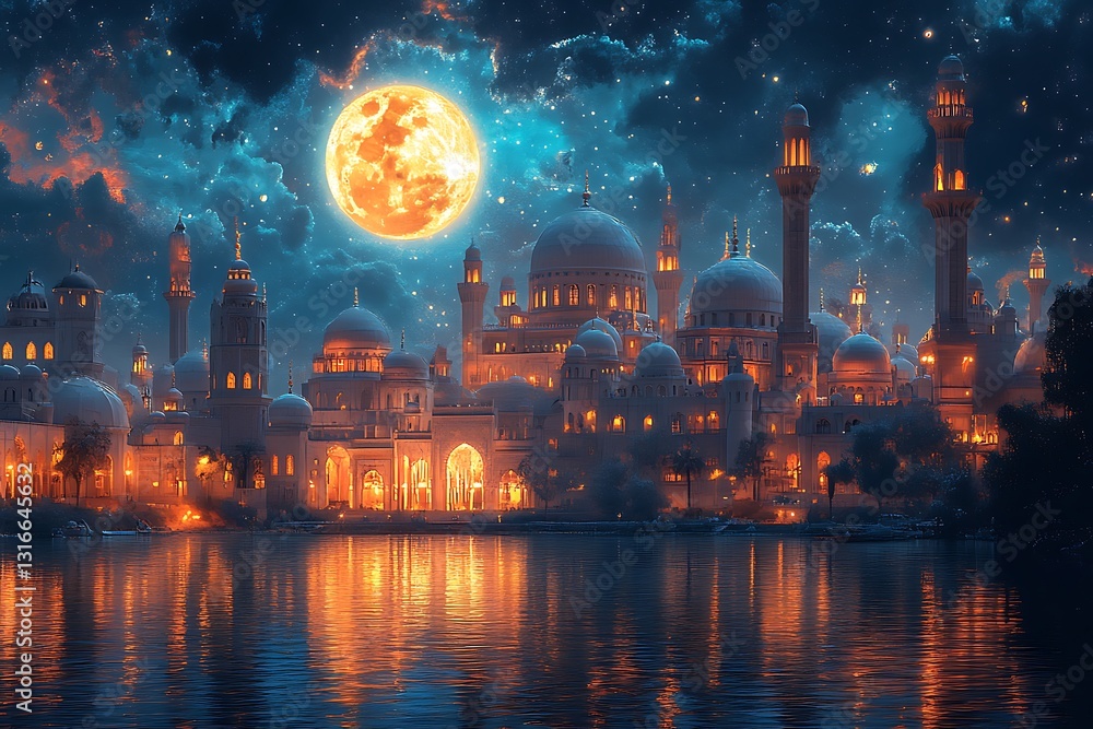 Obraz premium Mystical Cityscape With Glowing Domes and Minarets Bathed in Moonlight Reflecting on Tranquil Waters