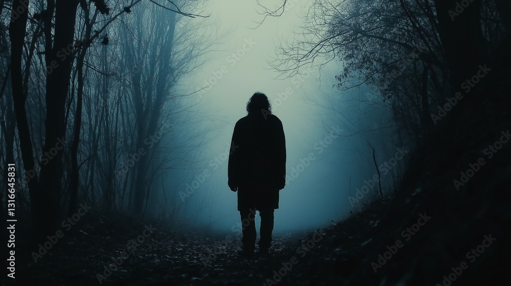 Fototapeta premium Mysterious figure walks alone in foggy forest at dusk
