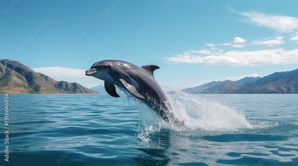 Fototapeta premium A dolphin leaps out of the water, creating a splash