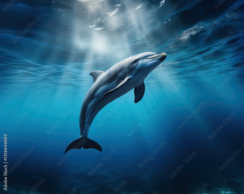 Naklejka premium A dolphin is swimming in the ocean with the sun shining on it